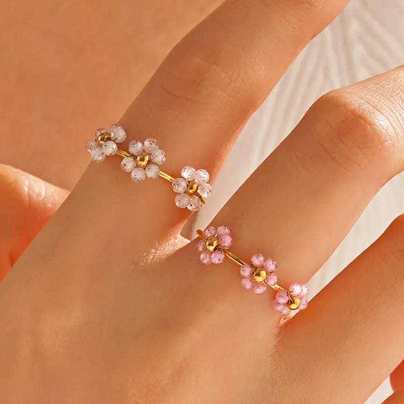 Triplet Flower Ring-White