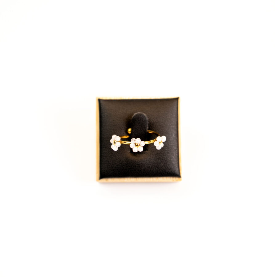 Bague femme Triplet Flower Ring-White plaquée or 18 carats en acier inoxydable - Lumine Jewelry Maroc