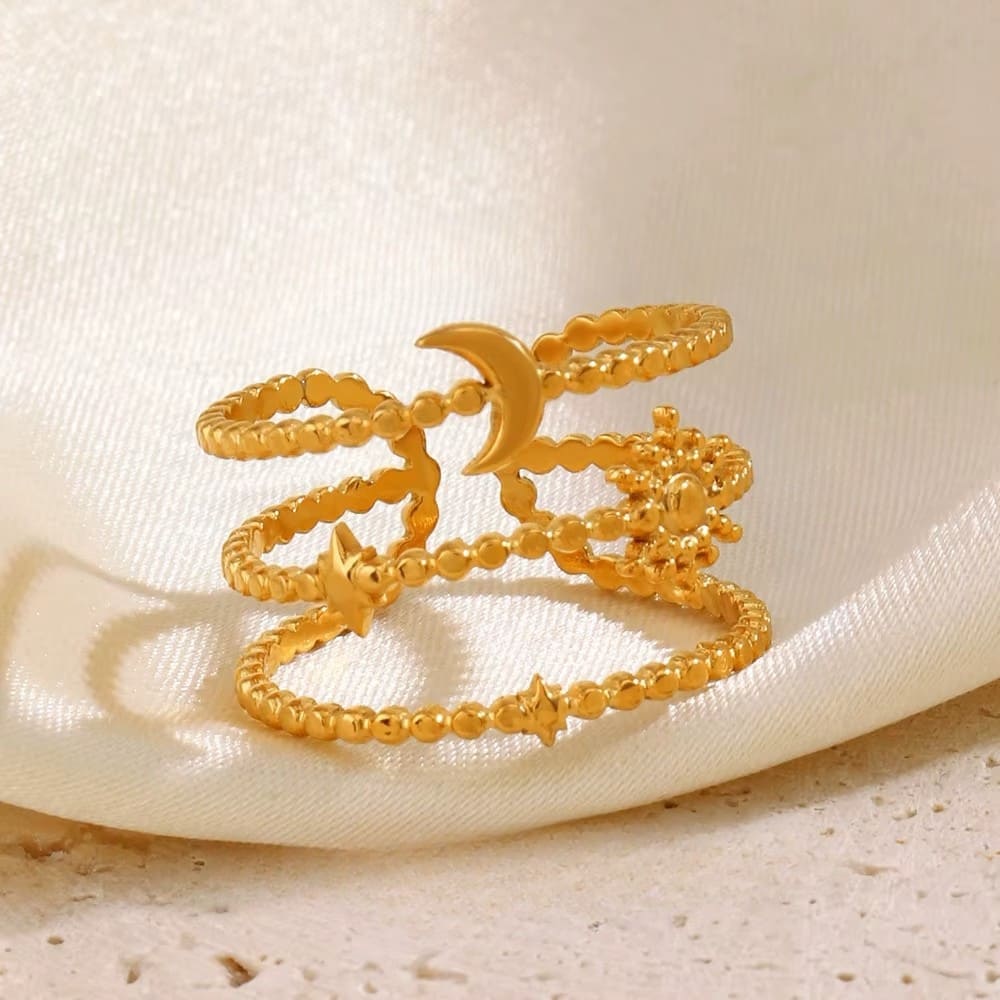Bague femme Sun and Moon Motif Ring plaquée or 18 carats en acier inoxydable - Lumine Jewelry Maroc - Image 3