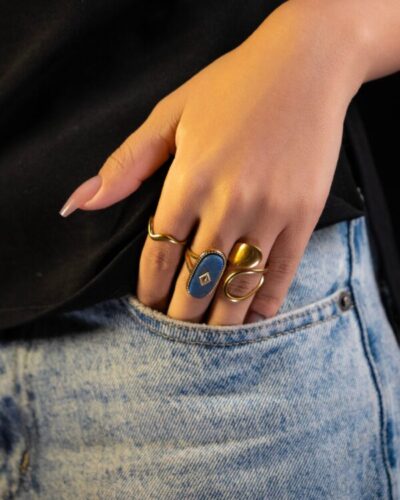 DSC01976 Bague femme Lapis stone ring plaquée or 18 carats en acier inoxydable - Lumine Jewelry Maroc - Image 2